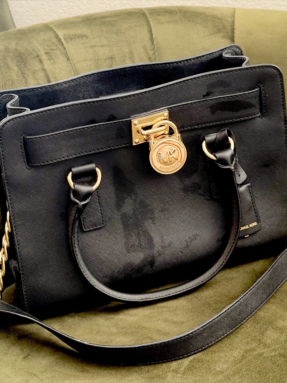Michael Kors Black Leather Satchel with Gold-Tone Lock